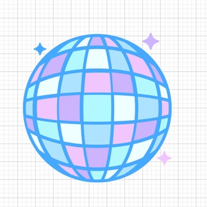 May include: A blue and white disco ball with pink and light blue squares. The disco ball is surrounded by white stars.