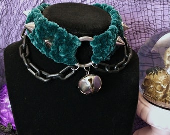 Emerald Velvet Choker with Silver Bell, Spikes, Chains