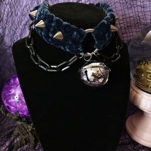 Sapphire Choker with Large Silver Bell,  Spikes, Chains