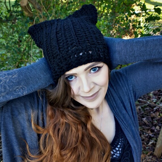 Black Trendy Goth Cat Ear Beanie 