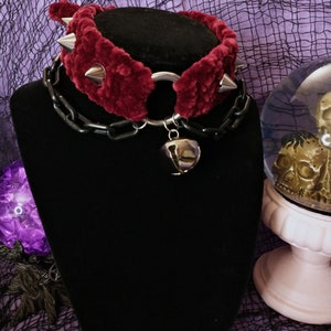 Burgundy Choker with Silver Bell, Spikes, Chains