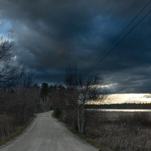 Stormy Sky over Maine gravel road west of Portland in late afternoon Photograph Birthday Gift Wall Art