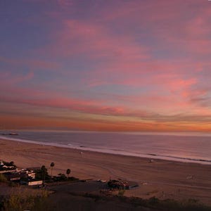 Panorama Santa Monica Bay and Pier,Santa Monica Beach,Sundown,Pink sky,California,Seascape,Color,Landscape,Photograph,Birthday,Gift,Wall Art