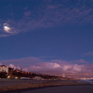 Rising Moon at Santa Monica Beach with Pier,Twilight California,Seascape,Color,Landscape,Photograph,Birthday,Gift,Wall Art
