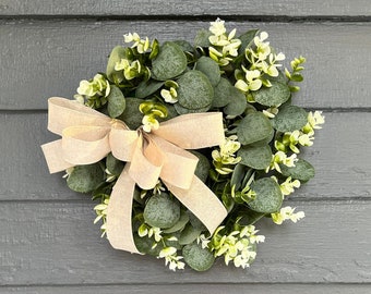 Eucalyptus Mini Wreath with Neutral Bow, Farmhouse Decor