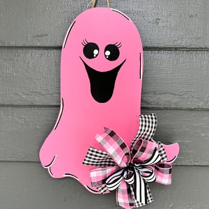 Pink Ghost Door Hanger, Hand Painted Halloween Porch Decor, Whimsical Welcome Sign