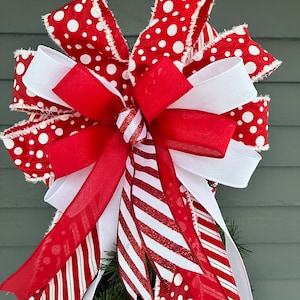 Candy Cane Christmas Tree Topper Bow, Red and White Wired Ribbon - Etsy