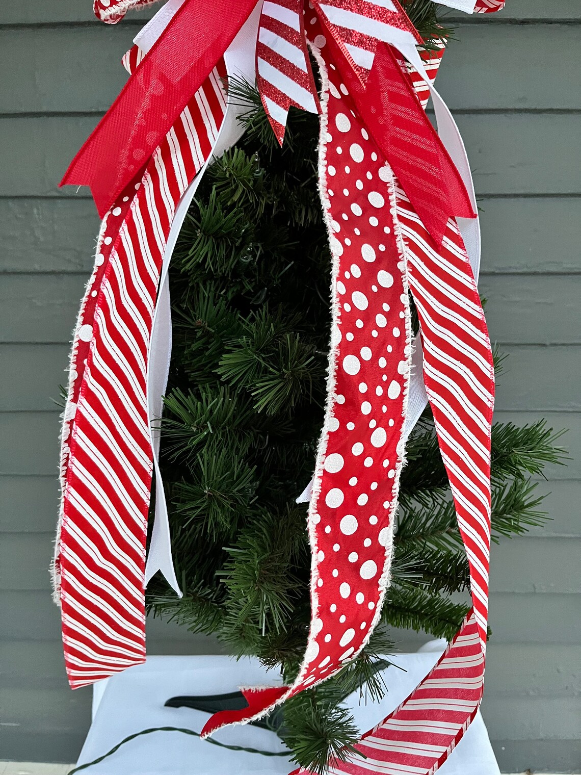 Candy Cane Christmas Tree Topper Bow, Red and White Wired Ribbon - Etsy