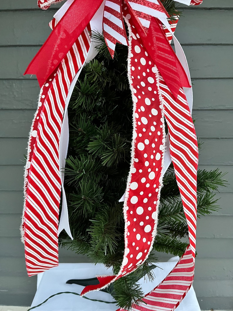 Candy Cane Christmas Tree Topper Bow, Red and White Wired Ribbon - Etsy