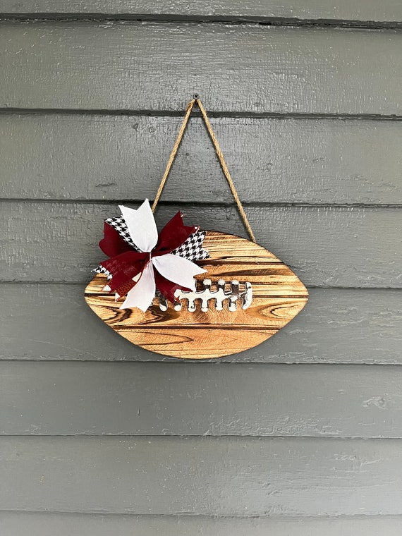 Vintage Football Door Hanger, Maroon White Team Spirit Decor