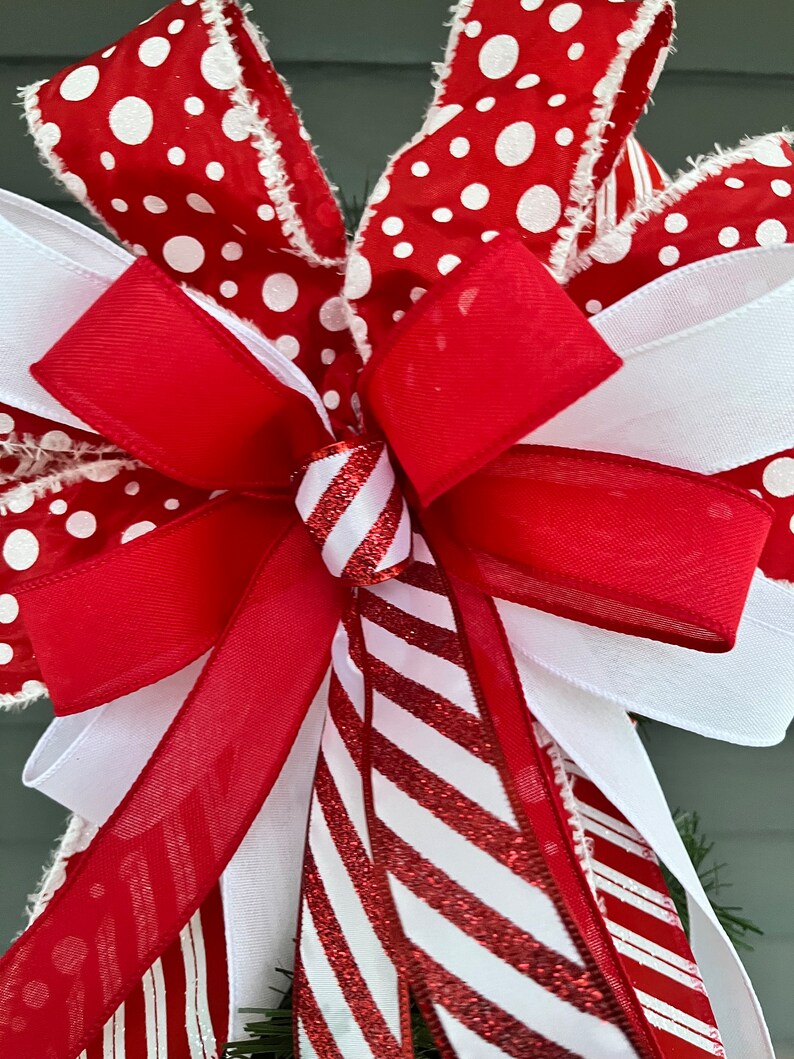 Candy Cane Christmas Tree Topper Bow, Red and White Wired Ribbon - Etsy