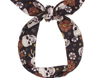 Extra Long Wide Wired Holiday Headband|Tie Knot|Twisted|Dolly Bow|Turban|Hair Bun|PonytailScarf|Braid|Wrap|Halloween|Vintage Skeleton|Spooky