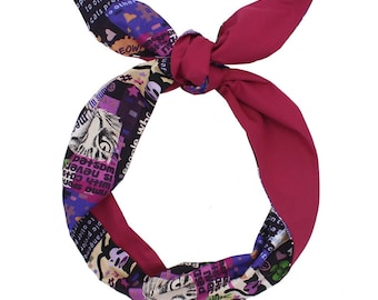 Extra Long Wide Wired Pattern Headband|Tie Knot|Twisted|Fabric|Dolly Bow|Turban|Hair Bun|Ponytail|Braid Scarf|Hair Wrap|Modern Cats|Maroon