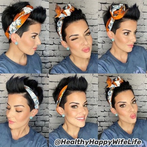 May include: A woman with short, dark hair styles her hair in six different ways using a patterned orange and white headband. The headband is tied in a bow on top of her head. The woman is wearing a blue shirt. The image includes the text "@HealthyHappyWifeLife".