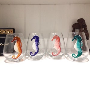 Set of Four Seahorse Hand Painted Wine Glasses