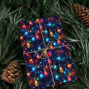 Large Colorful Christmas Holiday Lights Collage on Blue on Sustainable Eco-Gift Wrap | Wrapping Paper for All Winter Holiday Celebrations!