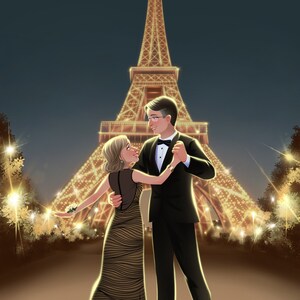 Puede incluir: Una pareja baila frente a la Torre Eiffel, que est&aacute; iluminada con luces brillantes. La mujer lleva un vestido de rayas doradas y negras y el hombre lleva un esmoquin negro.