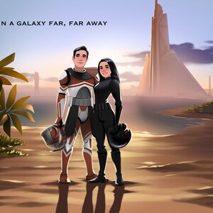 Puede incluir: Una ilustraci&oacute;n digital de una pareja de pie en una playa en una galaxia muy, muy lejana. El hombre lleva un traje blindado marr&oacute;n y blanco y sostiene un casco. La mujer lleva un mono negro y sostiene un casco. El fondo presenta un edificio alto y palmeras.