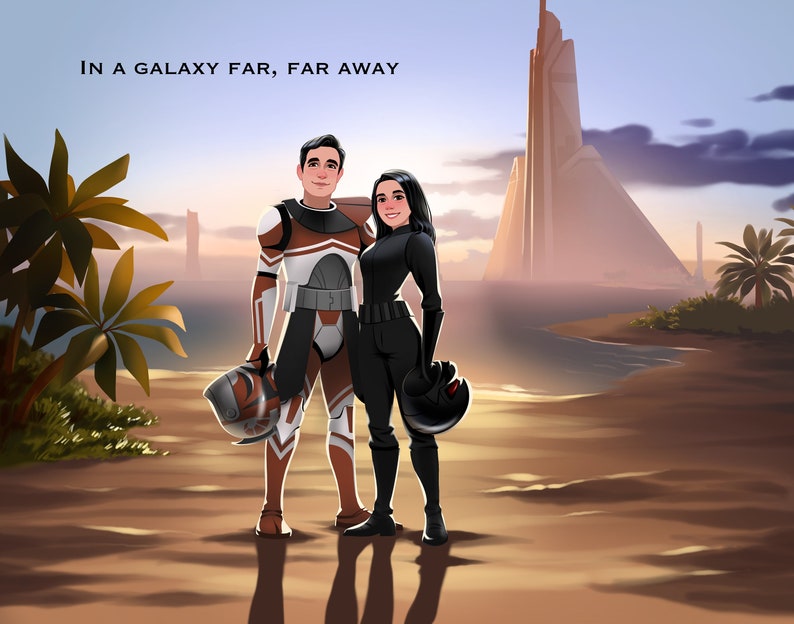 Puede incluir: Una ilustraci&oacute;n digital de una pareja de pie en una playa en una galaxia muy, muy lejana. El hombre lleva un traje blindado marr&oacute;n y blanco y sostiene un casco. La mujer lleva un mono negro y sostiene un casco. El fondo presenta un edificio alto y palmeras.