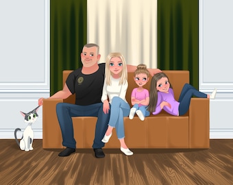 Retrato familiar de dibujos animados / Regalo personalizado para la familia / Retrato de mascota personalizado / Retrato de dibujos animados
