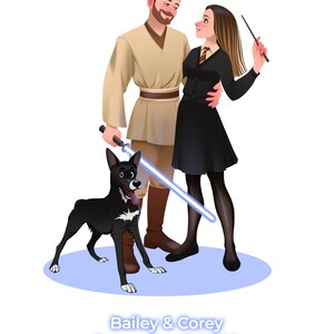 Puede incluir: Una ilustraci&oacute;n digital de una pareja, un hombre y una mujer, de pie juntos con un perro negro. El hombre lleva una t&uacute;nica de color canela y sostiene un sable de luz azul. La mujer lleva una t&uacute;nica negra y sostiene una varita m&aacute;gica. El texto "Bailey & Corey December 11, 2020" est&aacute; debajo de la pareja.