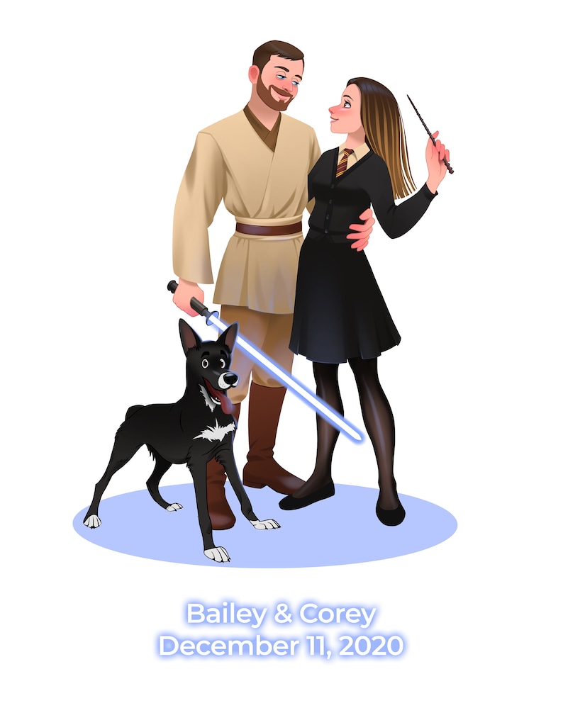 Puede incluir: Una ilustraci&oacute;n digital de una pareja, un hombre y una mujer, de pie juntos con un perro negro. El hombre lleva una t&uacute;nica de color canela y sostiene un sable de luz azul. La mujer lleva una t&uacute;nica negra y sostiene una varita m&aacute;gica. El texto "Bailey & Corey December 11, 2020" est&aacute; debajo de la pareja.