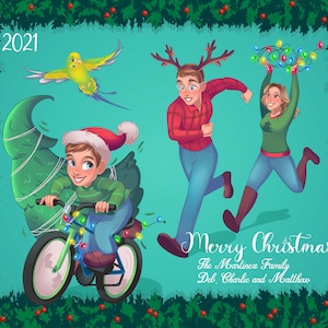Tarjeta de Navidad imprimible, iIllustration de dibujos animados navideños, idea de regalo de dibujos animados personalizada