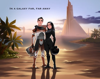 May include: A digital illustration of a couple standing on a beach in a galaxy far, far away. The man is wearing a brown and white armored suit and holding a helmet. The woman is wearing a black jumpsuit and holding a helmet. The background is a sunset with a tall building in the distance.