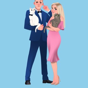 Puede incluir: Una pareja con atuendo formal, un hombre con un traje azul y una mujer con un vestido rosa, est&aacute;n sosteniendo gatos. El hombre sostiene un gato blanco y la mujer sostiene un gato atigrado gris. El texto "THE LAZARS" est&aacute; en la parte inferior de la imagen.