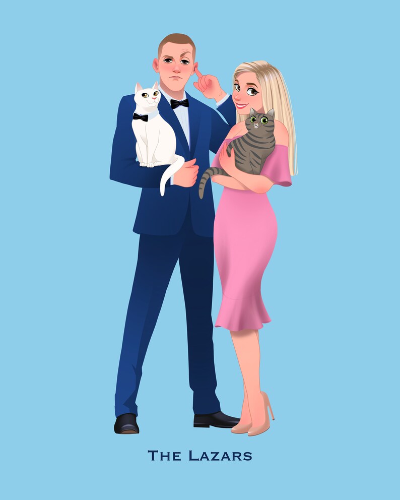 Puede incluir: Una pareja con atuendo formal, un hombre con un traje azul y una mujer con un vestido rosa, est&aacute;n sosteniendo gatos. El hombre sostiene un gato blanco y la mujer sostiene un gato atigrado gris. El texto "THE LAZARS" est&aacute; en la parte inferior de la imagen.
