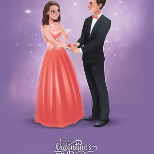 Puede incluir: Una pareja en atuendo formal, la mujer con un vestido de coral brillante y el hombre con un esmoquin negro, se toman de la mano sobre un fondo morado con luces brillantes. El texto "Happy Valentine's Day" est&aacute; escrito debajo de ellos.