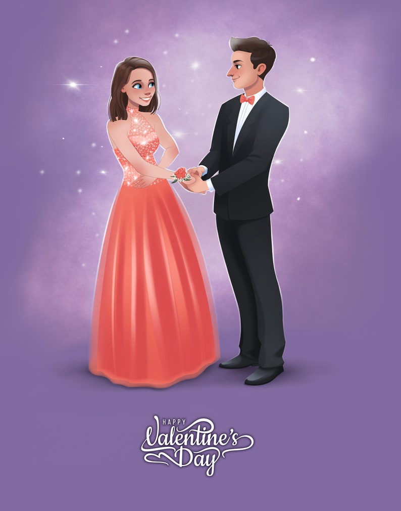 Puede incluir: Una pareja en atuendo formal, la mujer con un vestido de coral brillante y el hombre con un esmoquin negro, se toman de la mano sobre un fondo morado con luces brillantes. El texto "Happy Valentine's Day" est&aacute; escrito debajo de ellos.