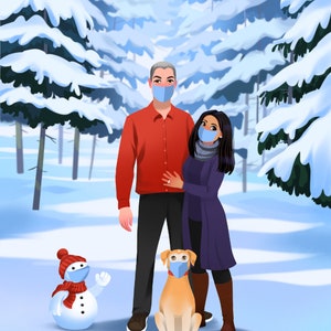Puede incluir: Una pareja y su perro con mascarillas azules de pie en un bosque nevado. Un mu&ntilde;eco de nieve con una bufanda roja y una mascarilla azul de pie en primer plano.