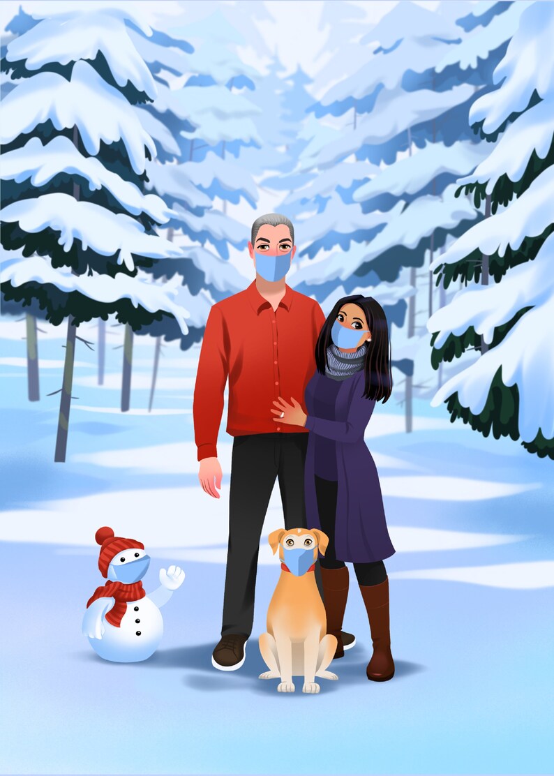 Puede incluir: Una pareja y su perro con mascarillas azules de pie en un bosque nevado. Un mu&ntilde;eco de nieve con una bufanda roja y una mascarilla azul de pie en primer plano.