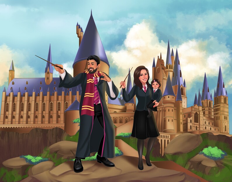 Puede incluir: Una familia de tres personas vestidas con t&uacute;nicas de mago se encuentra frente al castillo de Hogwarts. El padre sostiene una varita en su mano derecha, la madre sostiene una varita en su mano izquierda y el ni&ntilde;o est&aacute; siendo sostenido por la madre. El castillo es una estructura grande e imponente con muchas torres y chapiteles. El cielo es azul y nublado.