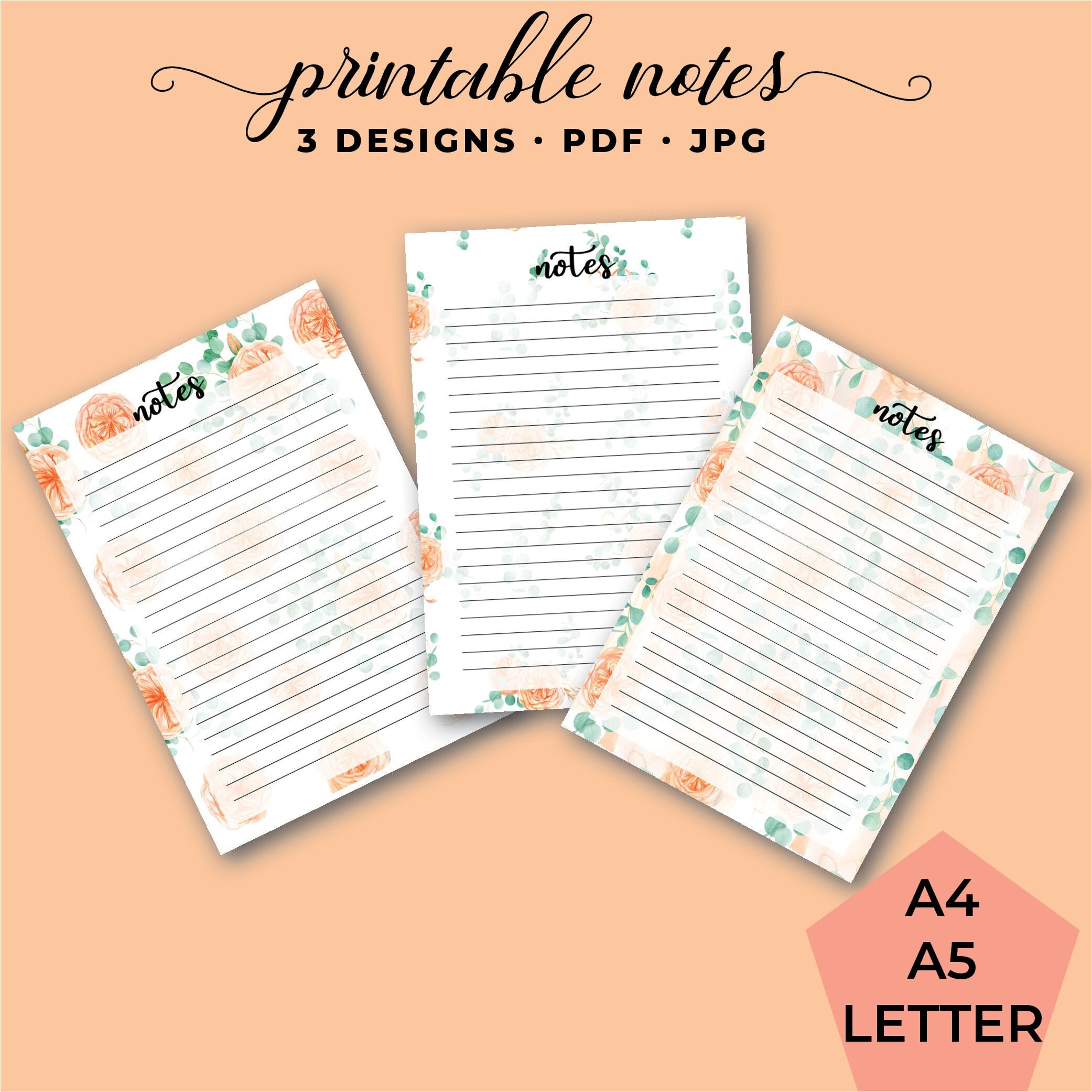 Printable Floral notes writing stationery in PDF and JPG | Etsy