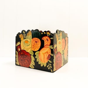 Floral Centerpiece Antique Painted Wood Square Planter Box with Scalloped Top | Hand Painted Floral Design |  Bold Floral Print