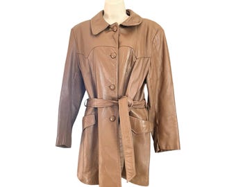 Vintage 1970s Tan Leather Trench Coat: Rustic Belted Jacket