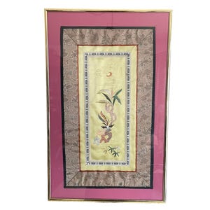 MCM Framed Silk Embroidery Art: Oriental Bird Design