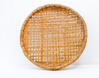 1950's Mid-Century Modern Large Woven Rattan Serving Tray | Oversized Woven Tray | Decorative Tray or Wall Decor | Round Serving Tray