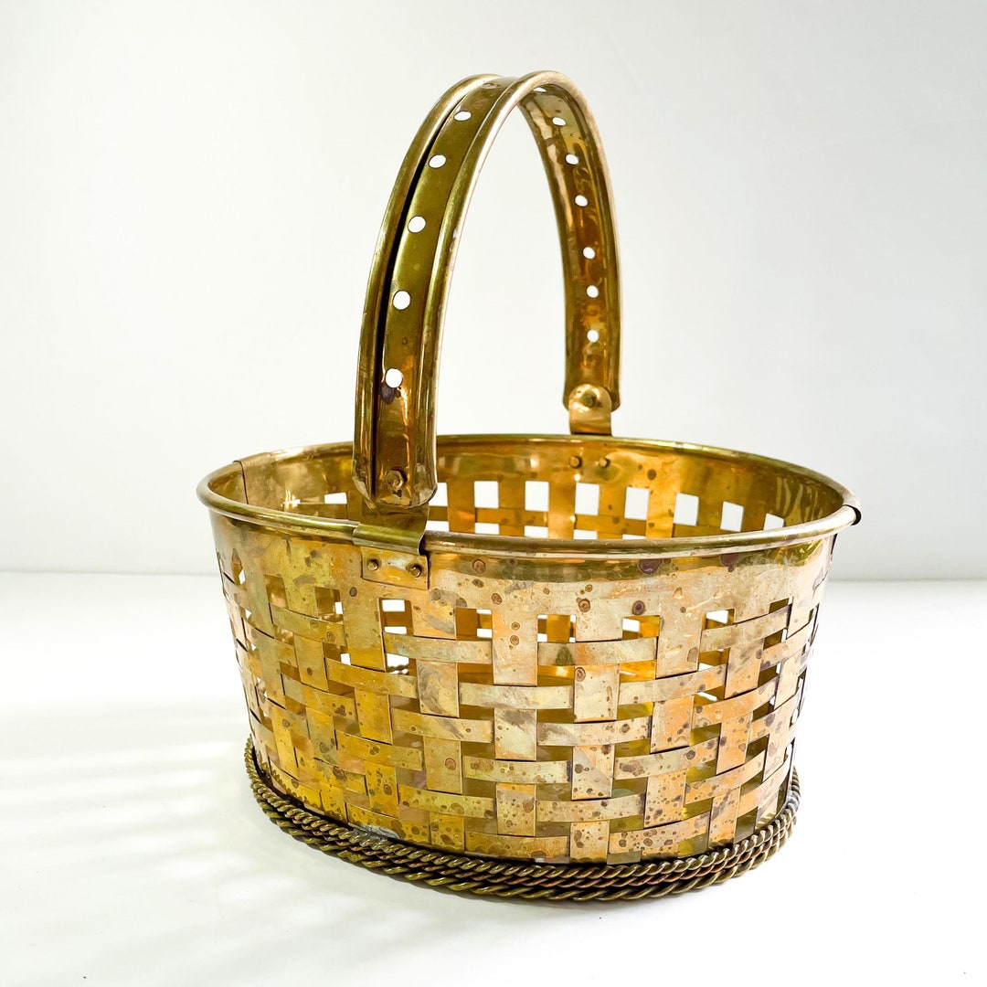 Large Made in India Brass Woven Basket With Rope Detail Woven Brass