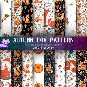 Hello Autumn Digital Paper. Volpe carina, motivi forestali kawaii, foglie autunnali accoglienti per scrapbooking, creazione di biglietti, diari spazzatura, download immediato