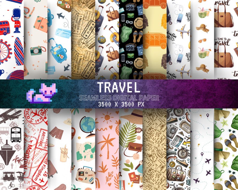Travel Pattern Paper Travel Digital Paper Pack: Adventure Scrapbook Patterns (digital ...