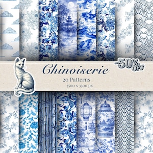 May include: A collection of 20 Chinoiserie patterns in shades of blue and white. The designs include floral, landscape, and geometric motifs. A cat sticker is on the left, and a "50% off" tag is on the right.