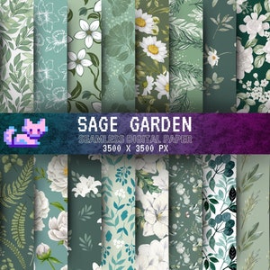 Lot de papier numérique vert sauge : motifs Cottagecore sans couture pour la sublimation et l'art - téléchargement numérique JPG