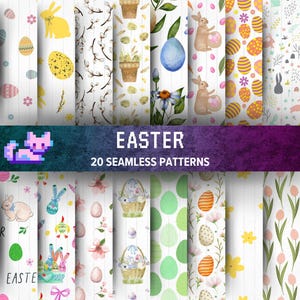 20 Papier numérique en bois de Pâques, motifs sans couture, lapins, œufs, paniers, fleurs sur fond en bois rustique pour scrapbooking printanier, travaux manuels