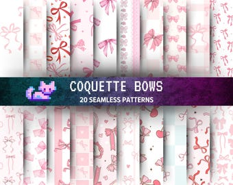 20 Pink Bow Coquette Digital Paper, Seamless Hearts, Ribbons, Patterns for Baby Scrapbooks, Weddings, Nurseries, Junk Journal