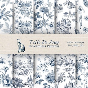 Blue Toile De Jouy Digital Patterns Vintage Floral Chinoiserie PNG, SVG French Farmhouse Seamless Paper, Transparent Background Junk Journal