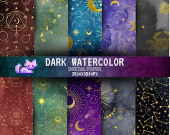 May include: Set of 8 digital papers featuring a dark watercolor background with gold celestial patterns, including stars, moons, constellations, and celestial bodies. The papers are 3500x3500 pixels.