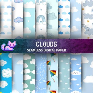Puede incluir: Una colección de diseños de papel digital sin costuras con nubes, arcoíris y cometas en varios tonos de azul y blanco. La imagen incluye el texto "CLOUDS SEAMLESS DIGITAL PAPER" y un gato pixelado.